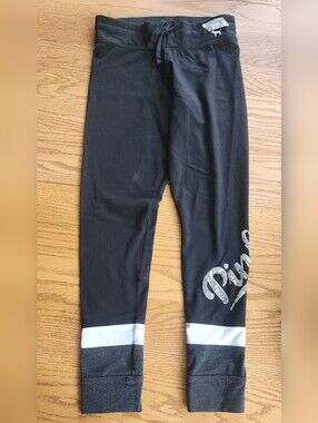 P29 Victorias Secret PINK Black Gray & White Yoga Pants w Silver Sequin Letters